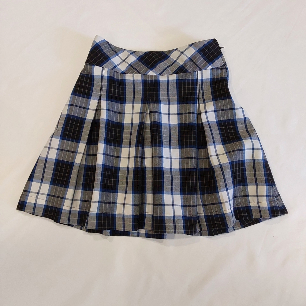 School Apparel Black White Blue Plaid Pleated Skirt W/ Shorts 25" Waist 18" Long